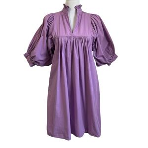 Never A Wallflower Poplin High Neck Mini Dress Sz XS Lavender Cotton Puff Sleeve